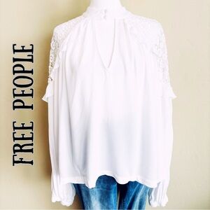Free People Little Bit Of Love White Flowy Blouse With Crochet Detailing
